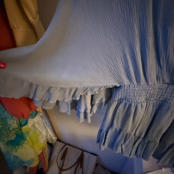 Forever 21 Blue Wrap romper with Tie back and Smocked Ruffles - Picture 3 of 4